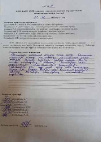 Тамақтану сапасын мониторингілеу жөніндегі комиссияның №11 актісі./АКТ №11 комиссии по мониторингу за качеством питания.