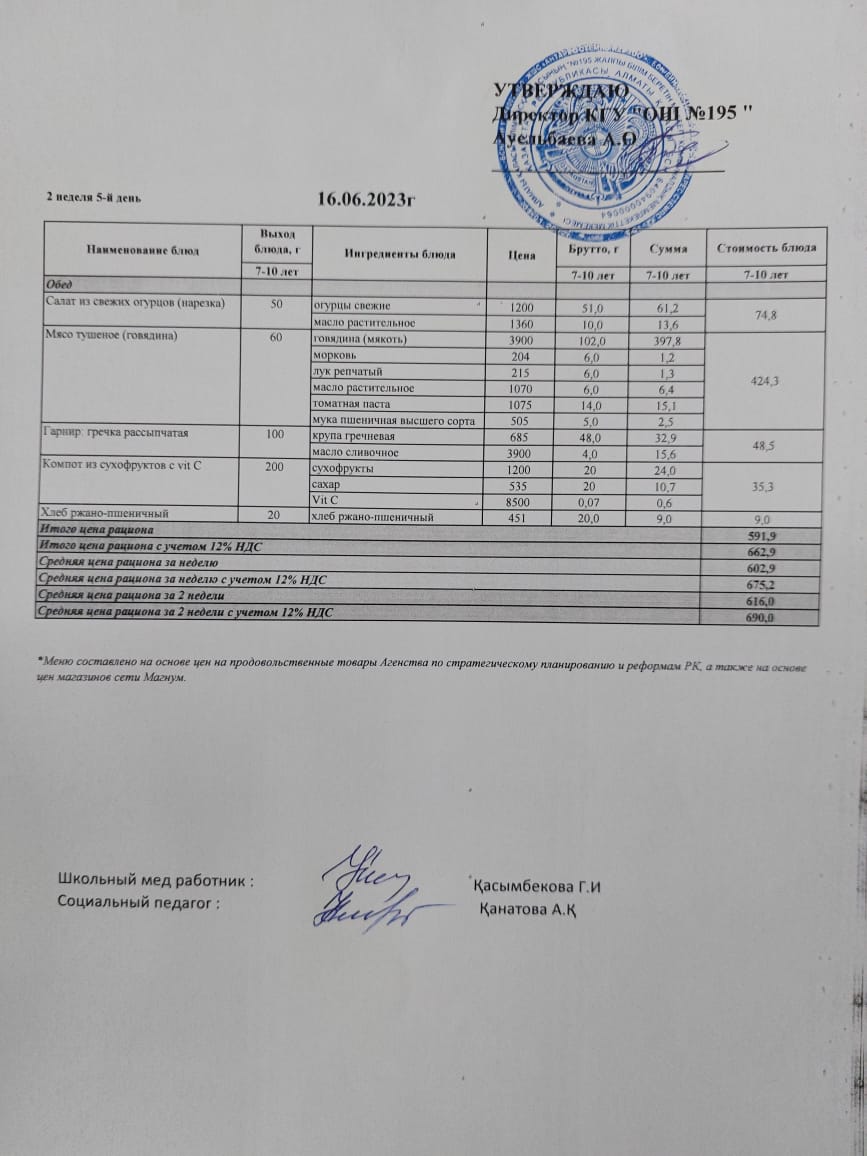 "Ас мәзірі"  лагерь 2 апта 5 күн / Меню лагерь 2 неделя 5 день"