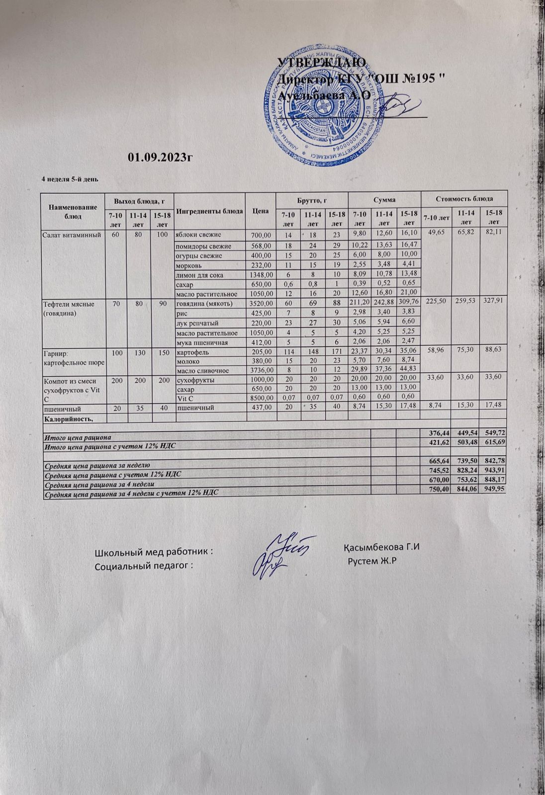 Ас мәзірі 4 апта 5 күн/ Меню 4 неделя 5 день