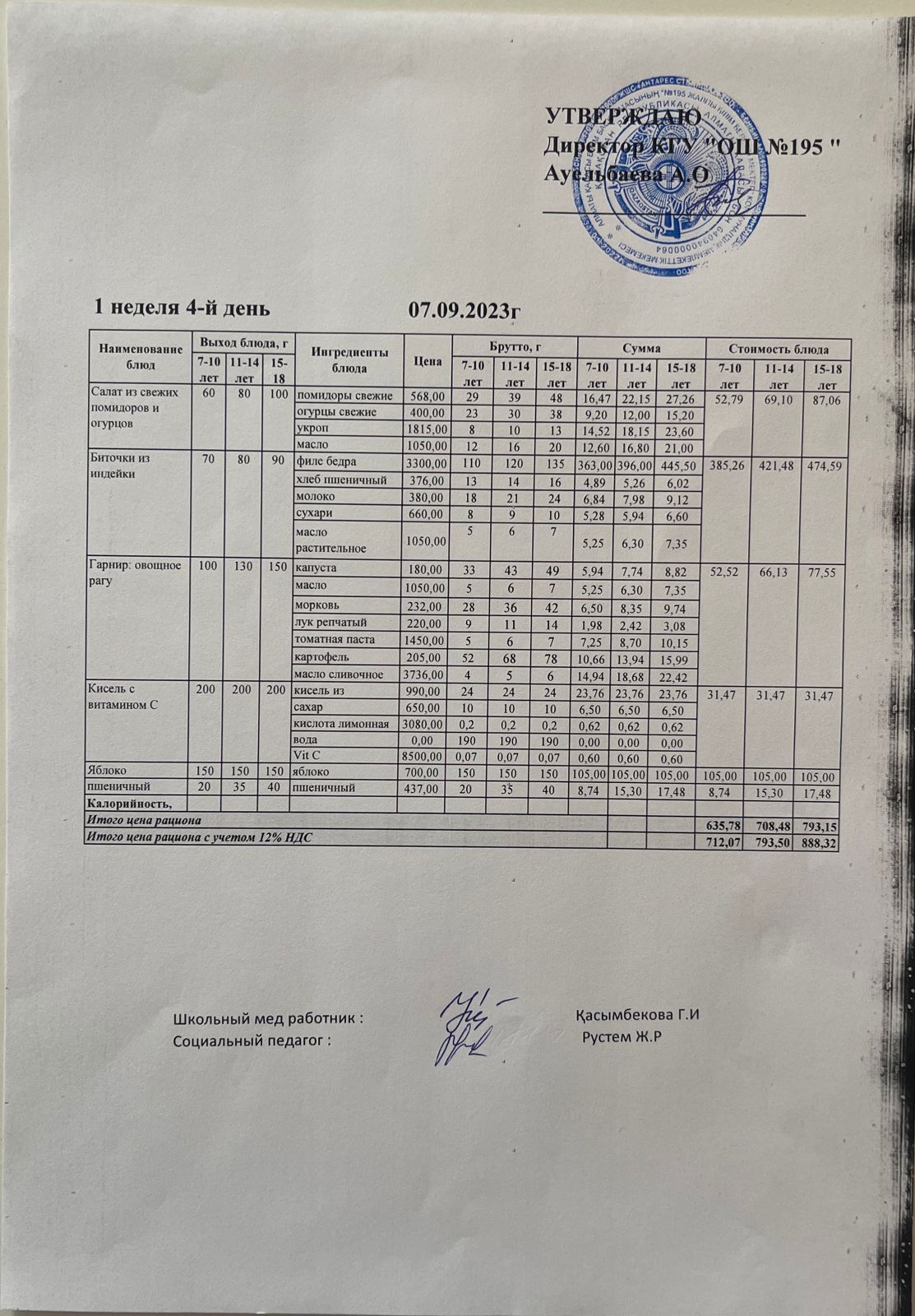 Ас мәзірі 1 апта 4 күн / Меню 1 неделя 4 день