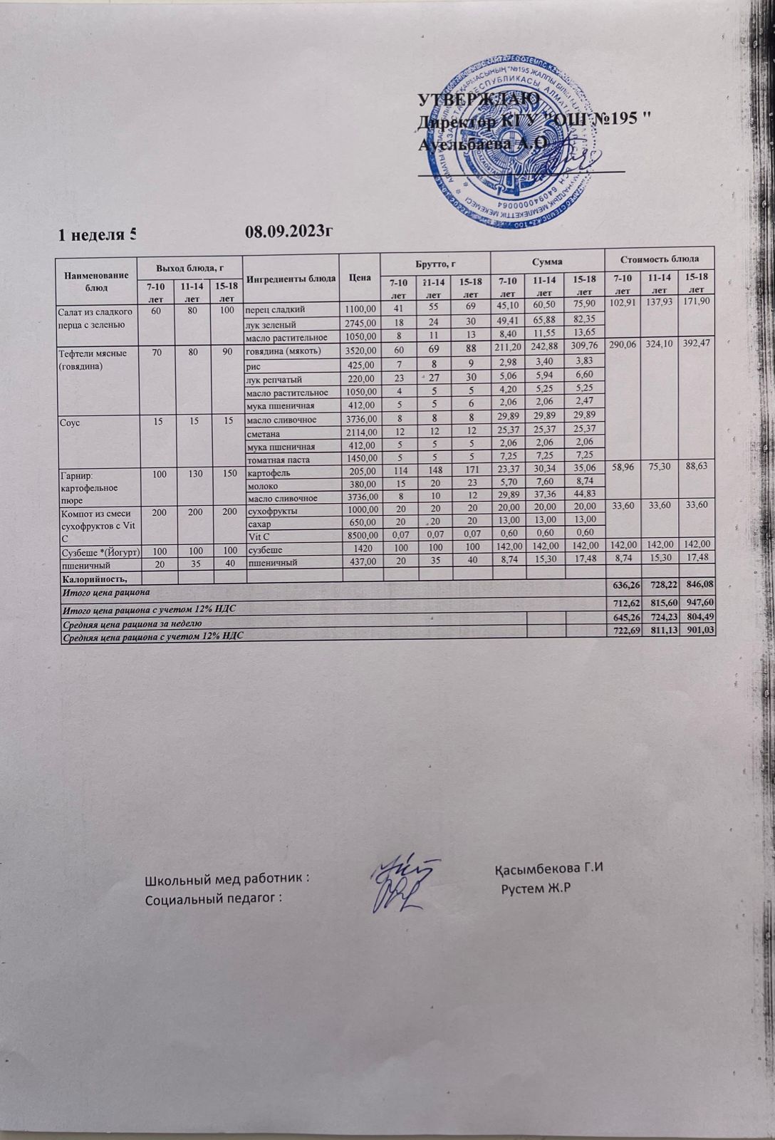 Ас мәзірі 1 апта 5 күн / Меню 1 неделя 5 день