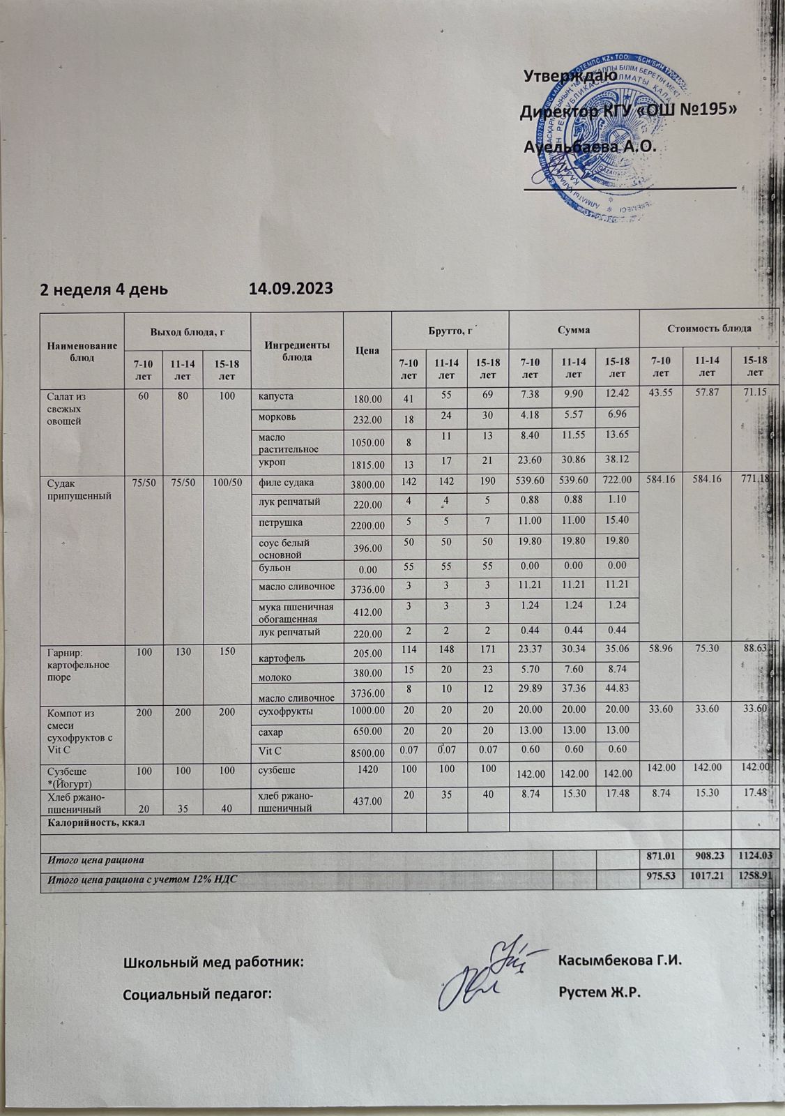 Ас мәзірі 2 апта 4 күн / Меню 2 неделя 4 день