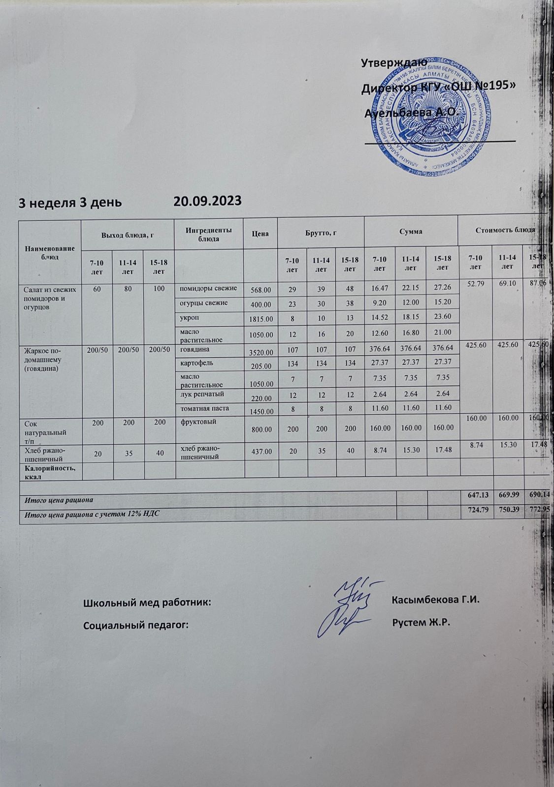 Ас мәзірі 3 апта 3 күн / Меню 3 неделя 3 день