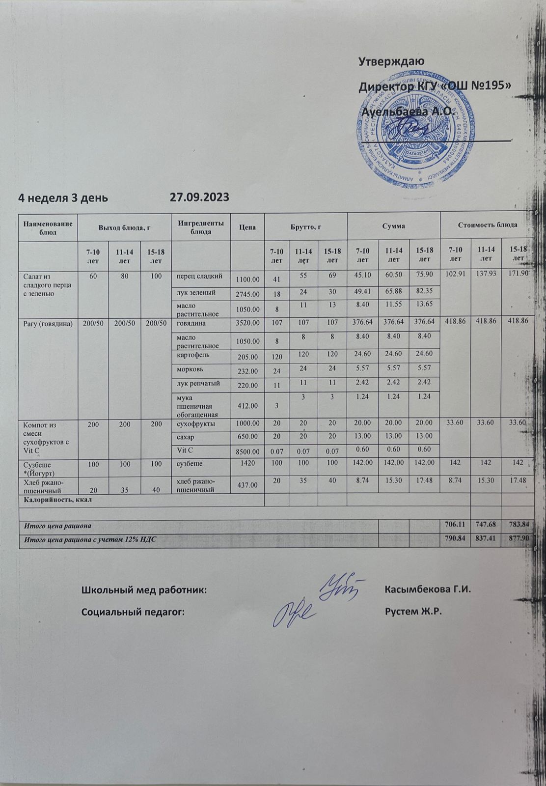 Ас мәзірі 4 апта 3 күн / Меню 4 неделя 3 день