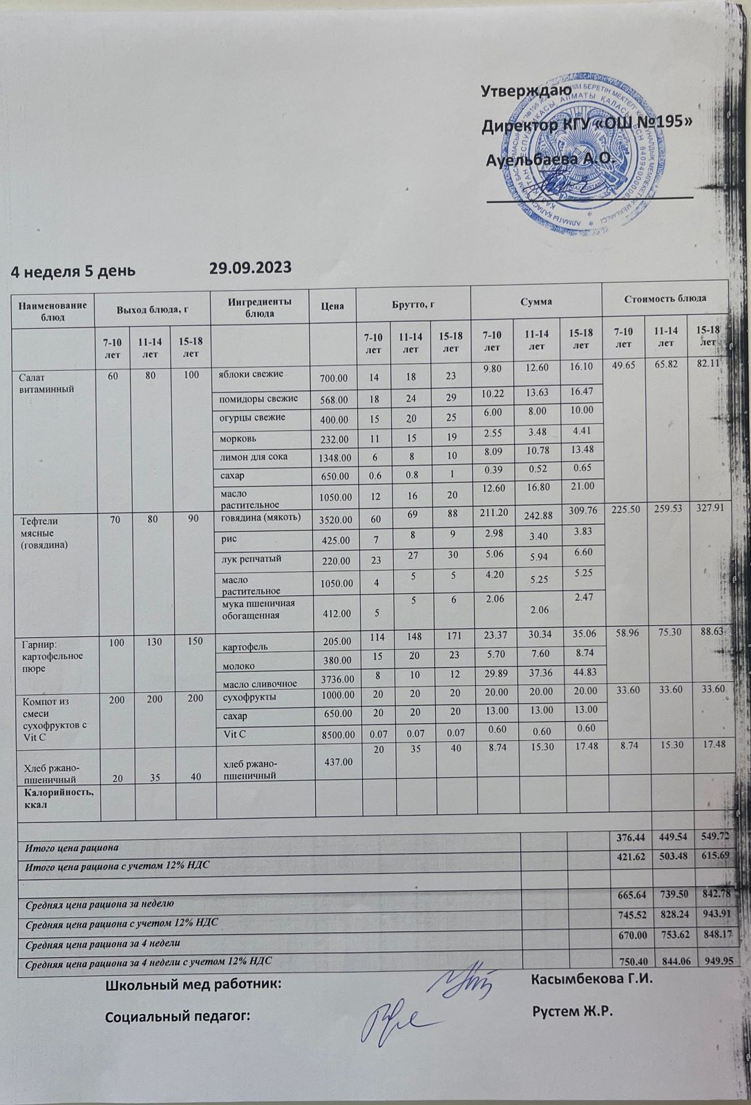 Ас мәзірі 4 апта 5 күн / Меню 4 неделя 5 день