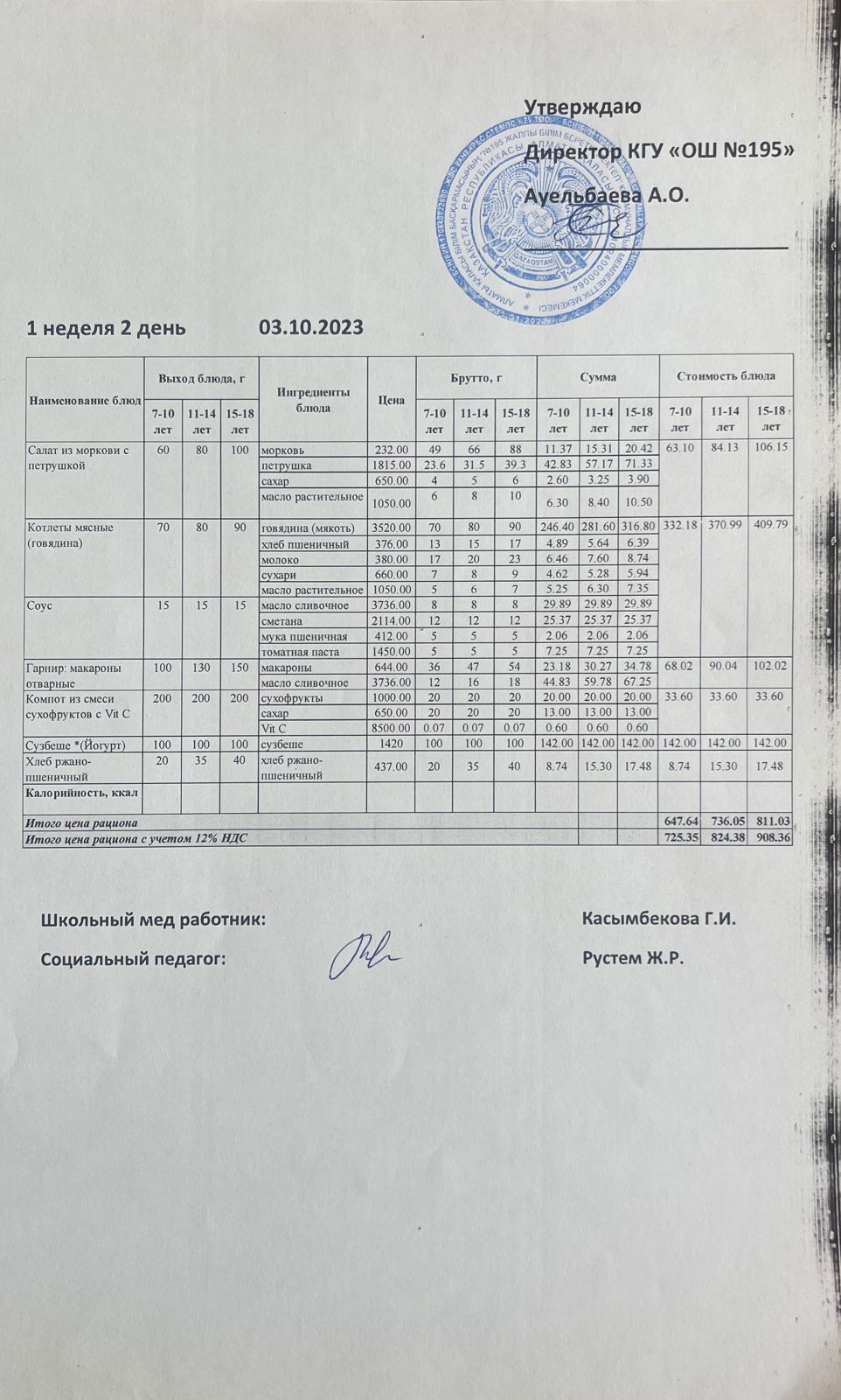 Ас мәзірі 1 апта 2 күн / Меню 1 неделя 2 день