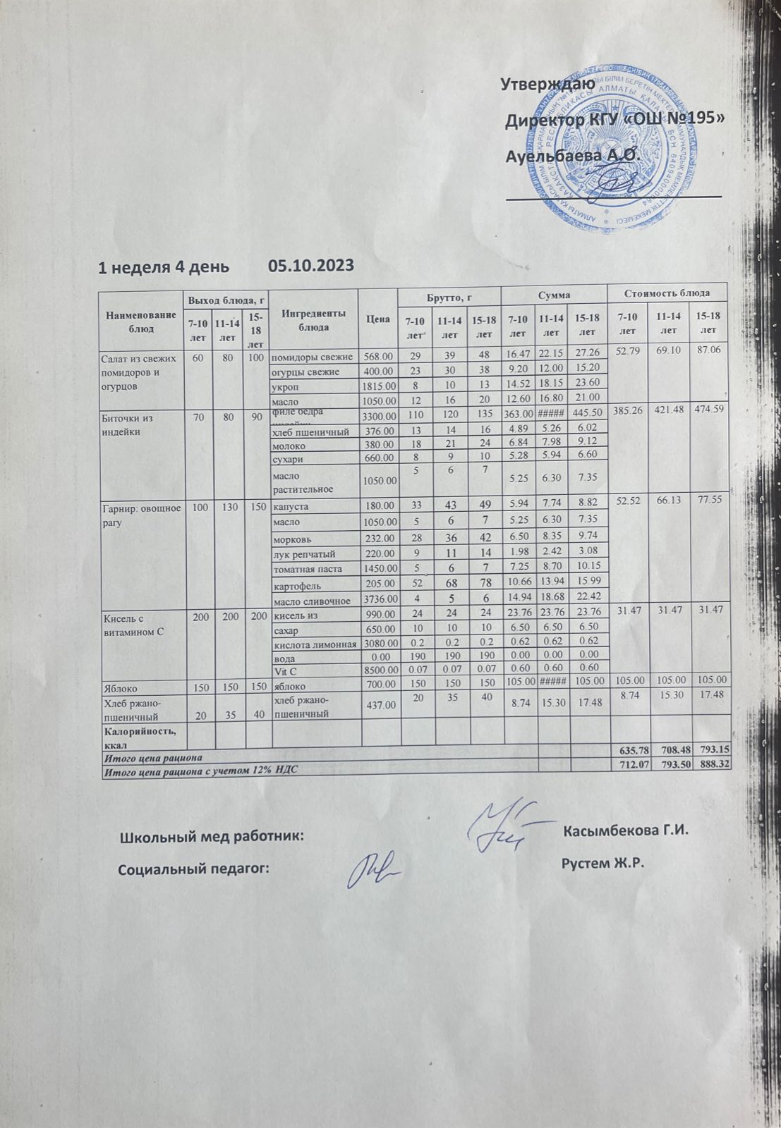 Ас мәзірі 1 неделя 4 день / Меню 1 неделя 4 день