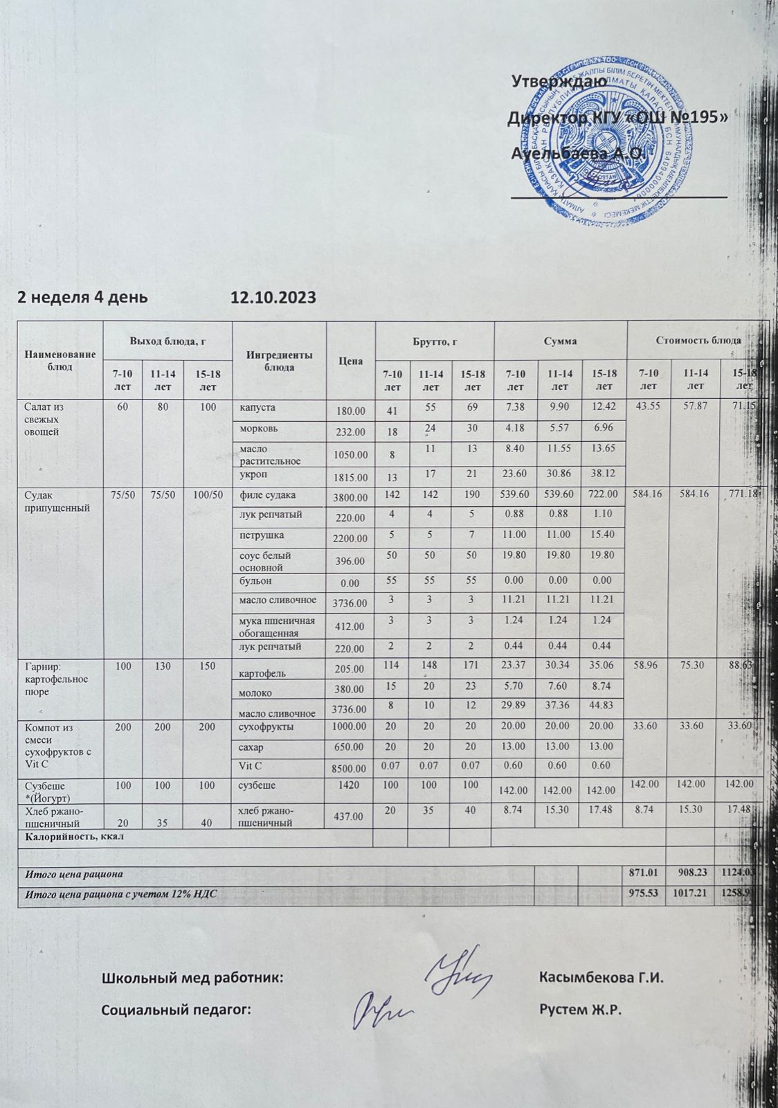 Ас мәзірі 2 апта 4 күн / Меню 2 неделя 4 день