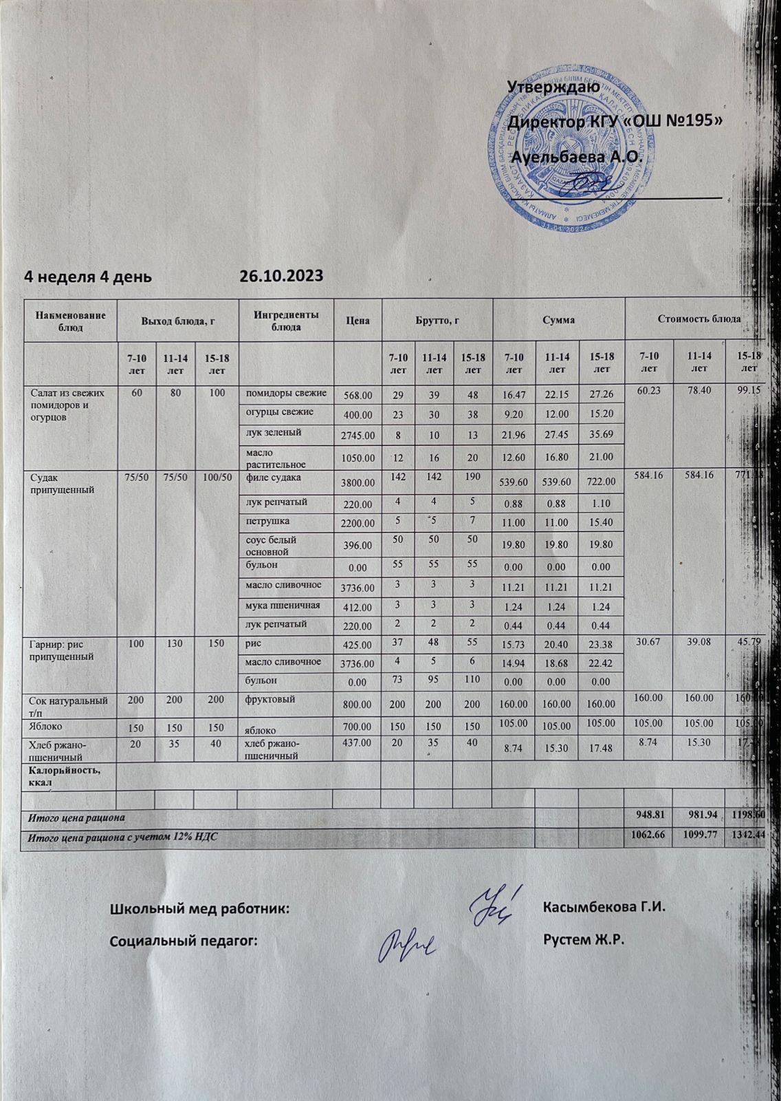 Ас мәзірі 4 апта 4 күн / Меню 4 неделя 4 день