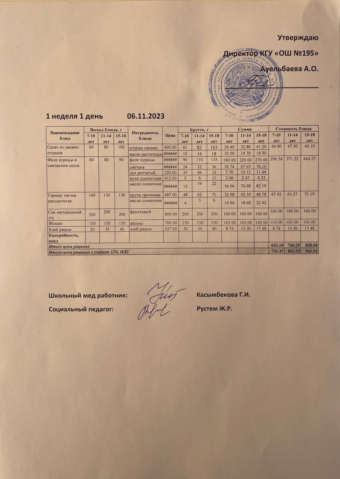 Ас мәзірі 1 апта 1 күн / Меню 1 неделя 1 день