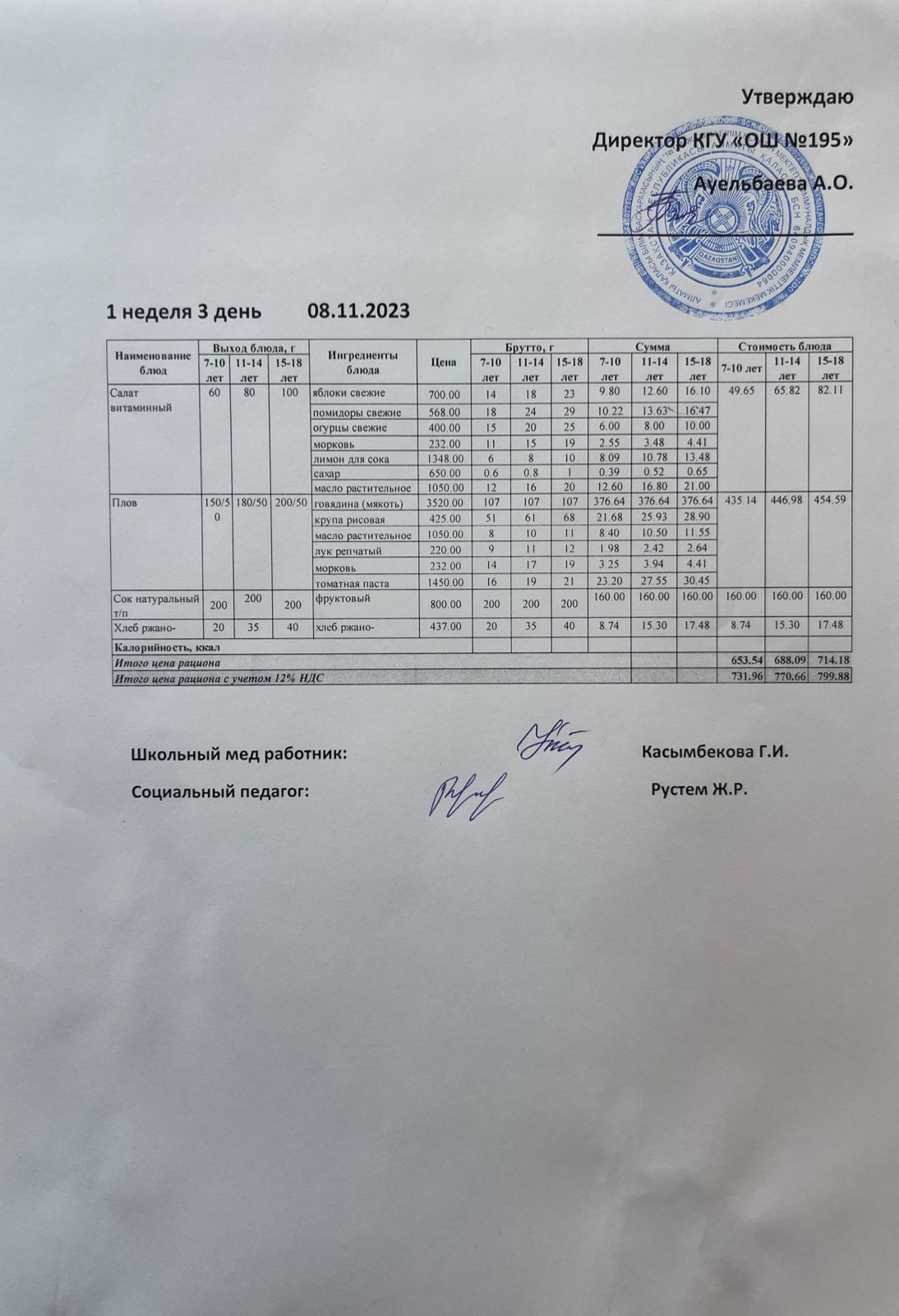 Ас мәзірі 1 апта 3 күн / Меню 1 неделя 3 день