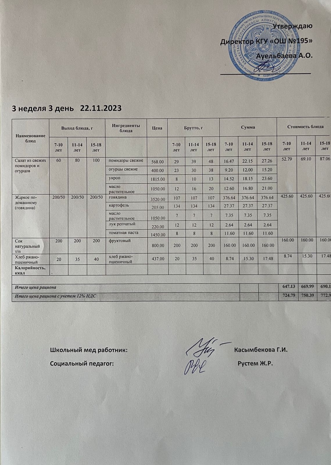 Ас мәзірі 3 апта 3 күн / Меню 3 неделя 3 день